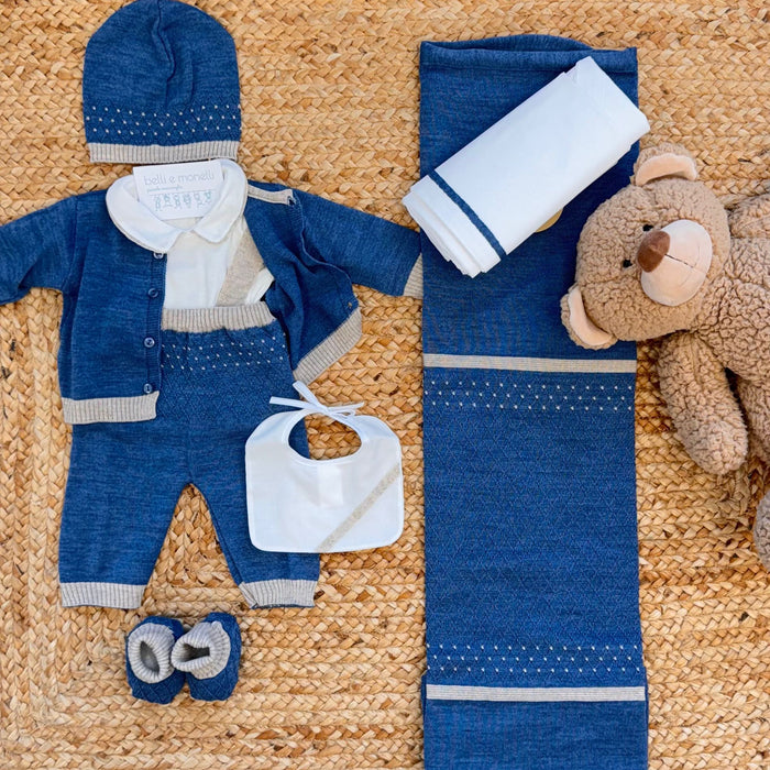 uscita clinica neonato misto lana blu e beige completo