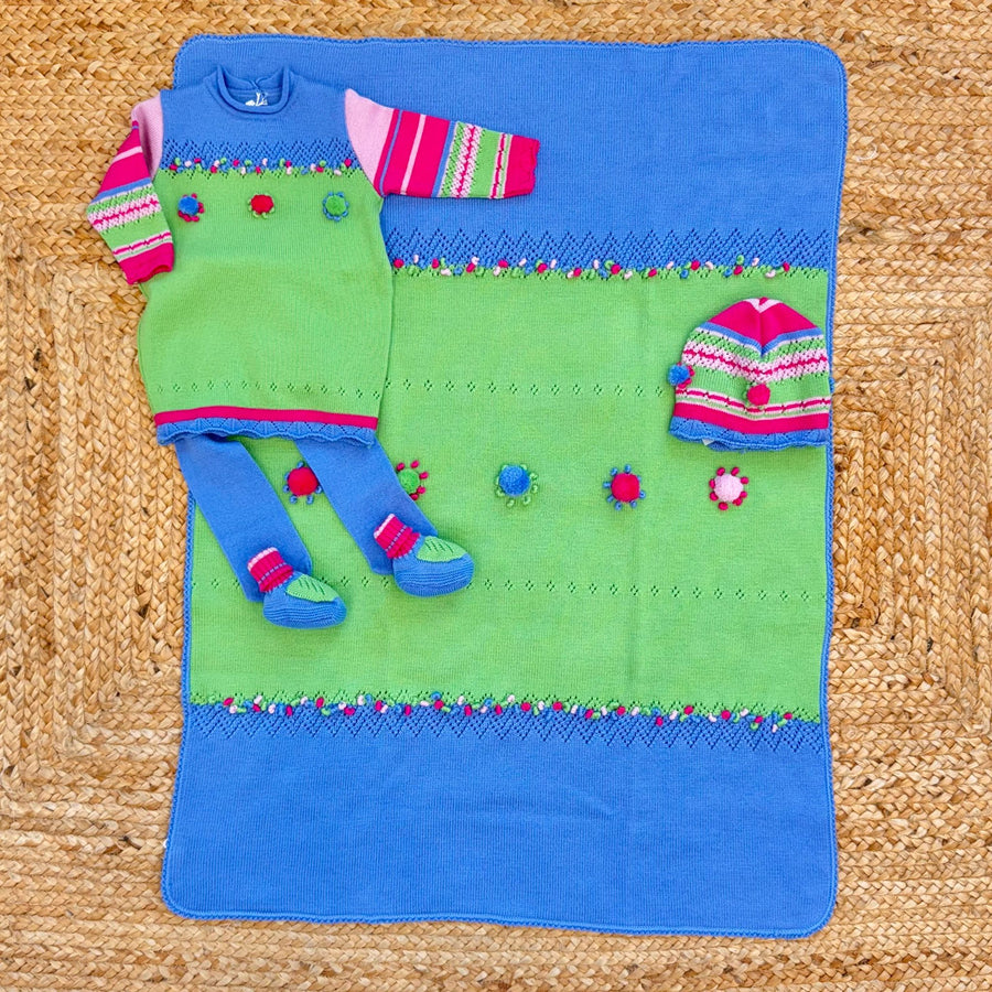 Set nascita pura lana verde e blu con dettagli colorati