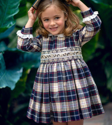 Abito bambina natalizio scozzese blu e beige con ricamo