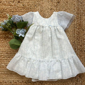 Abito bambina estivo in lino bianco con stampa floreale azzurra
