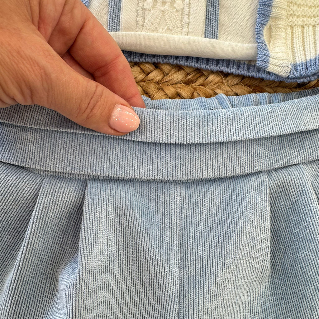 Abito battesimo bimbo azzurro e panna con pantaloni in velluto