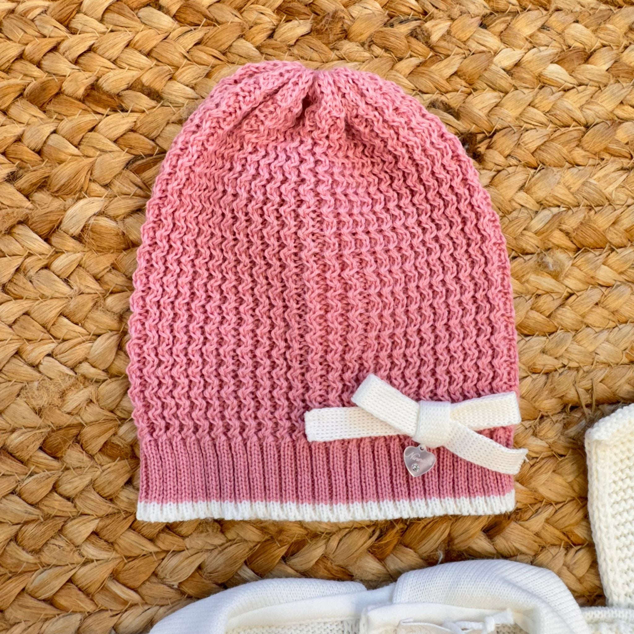Uscita clinica neonata in misto lana rosa antico con cuori