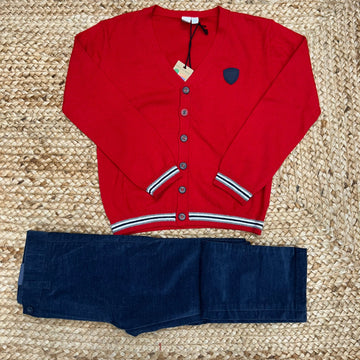 Completo bimbo rosso con cardigan e pantalone vellutato blu