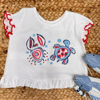 COSTUMINO BIMBA TARTARUGHE BLU E ROSSO CON T-SHIRT MARE