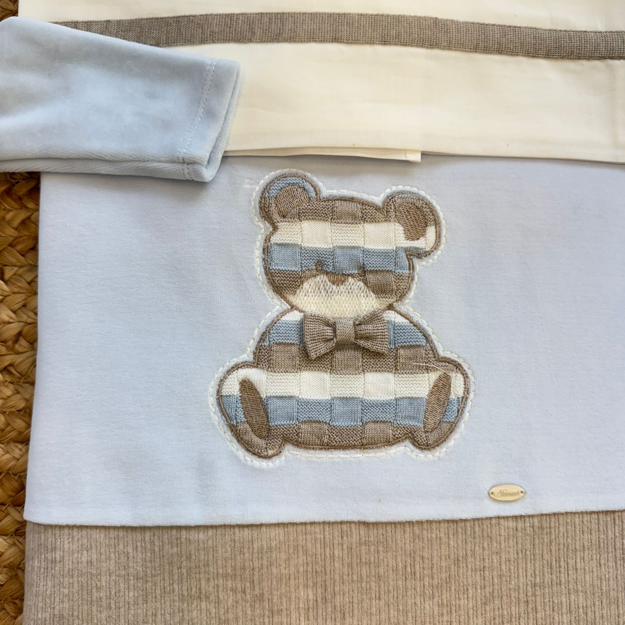 Uscita clinica neonato ciniglia celeste e beige con orsetto