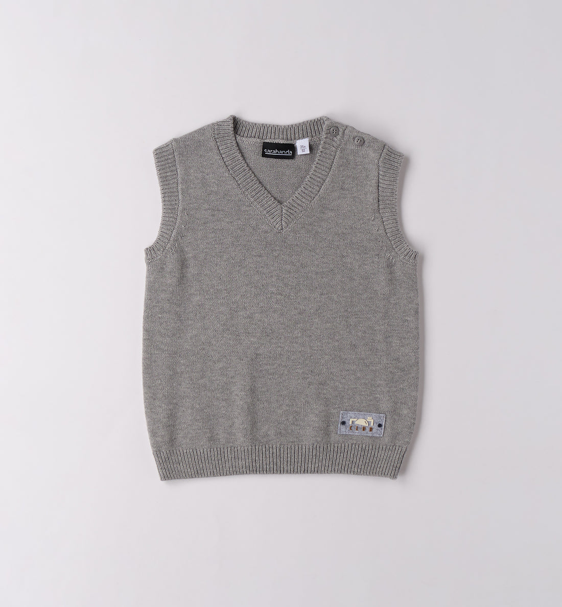 Completo elegante bambino con camicia bianca, gilet grigio e pantalone caramello