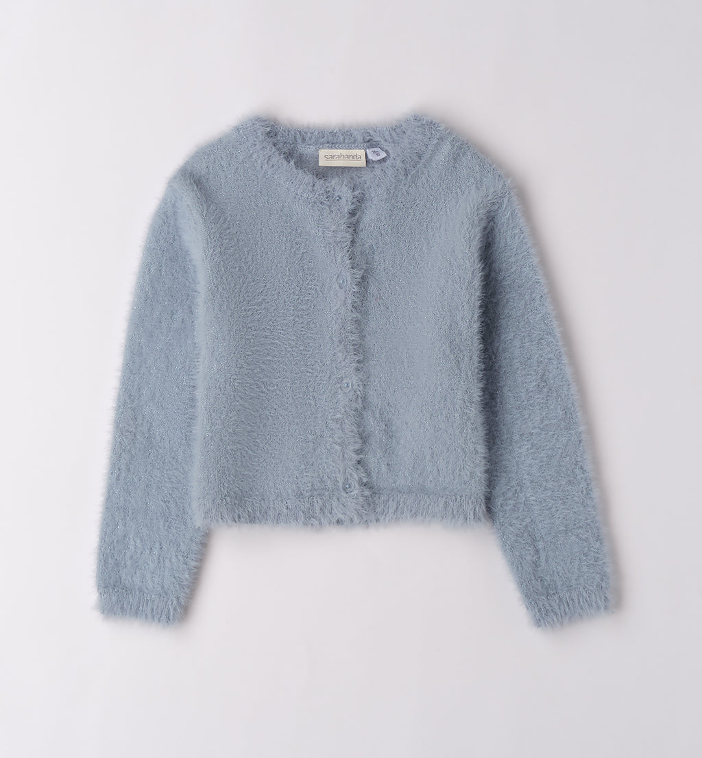 Completo bambina cardigan azzurro e gonna pied de poule