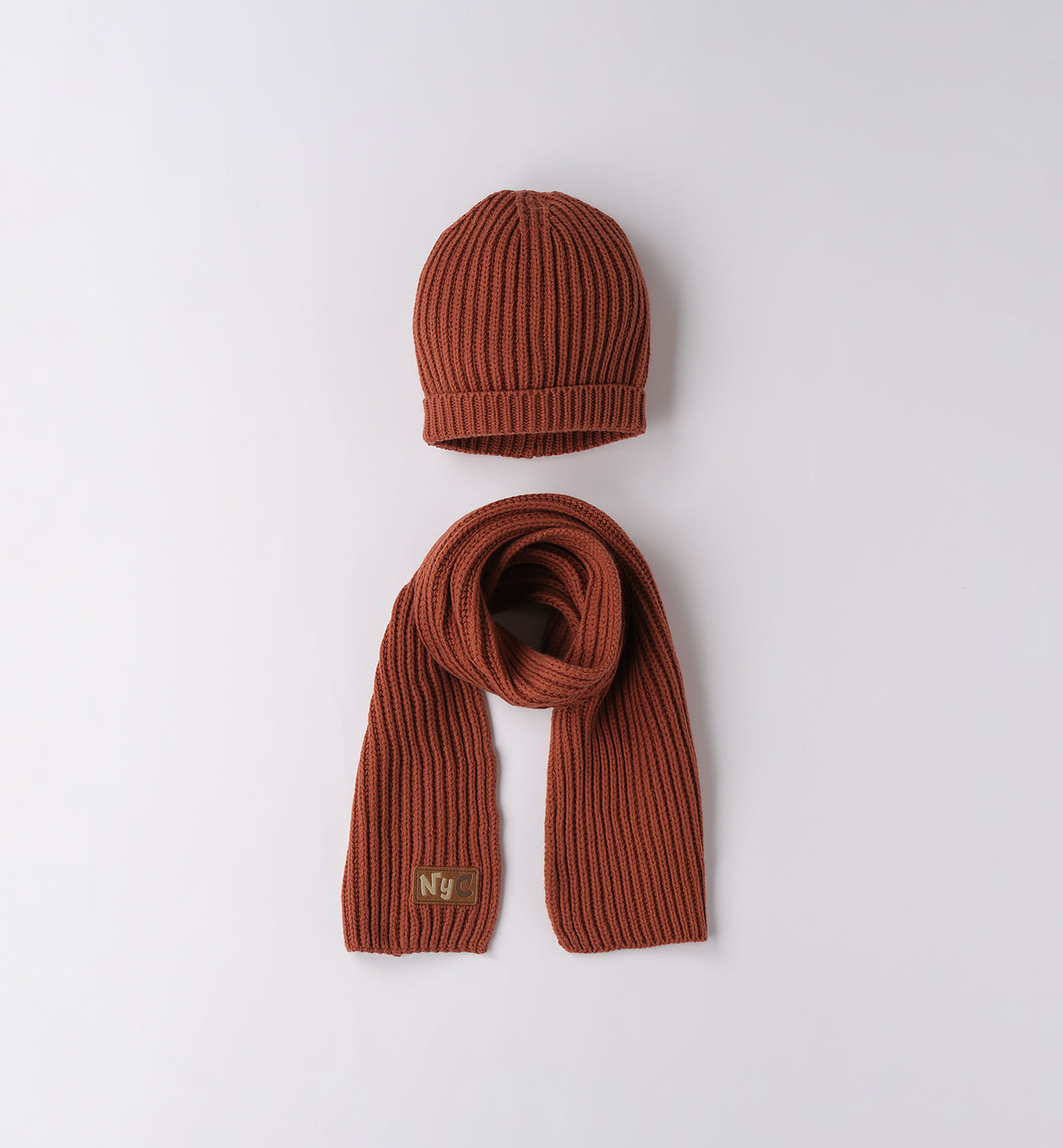 Cappello e sciarpa bimbo in maglia blu navy e mattone