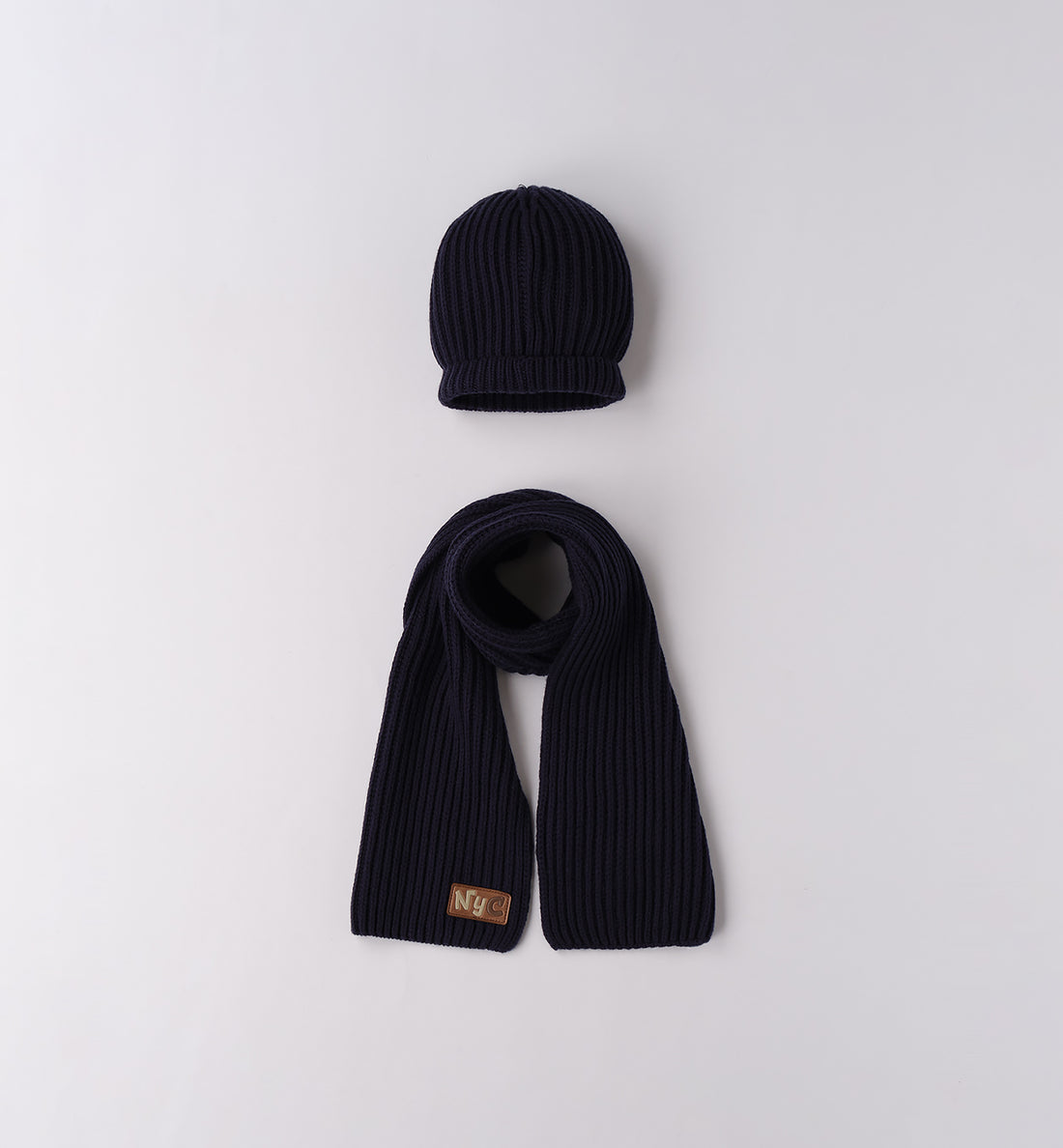 Cappello e sciarpa bimbo in maglia blu navy e mattone