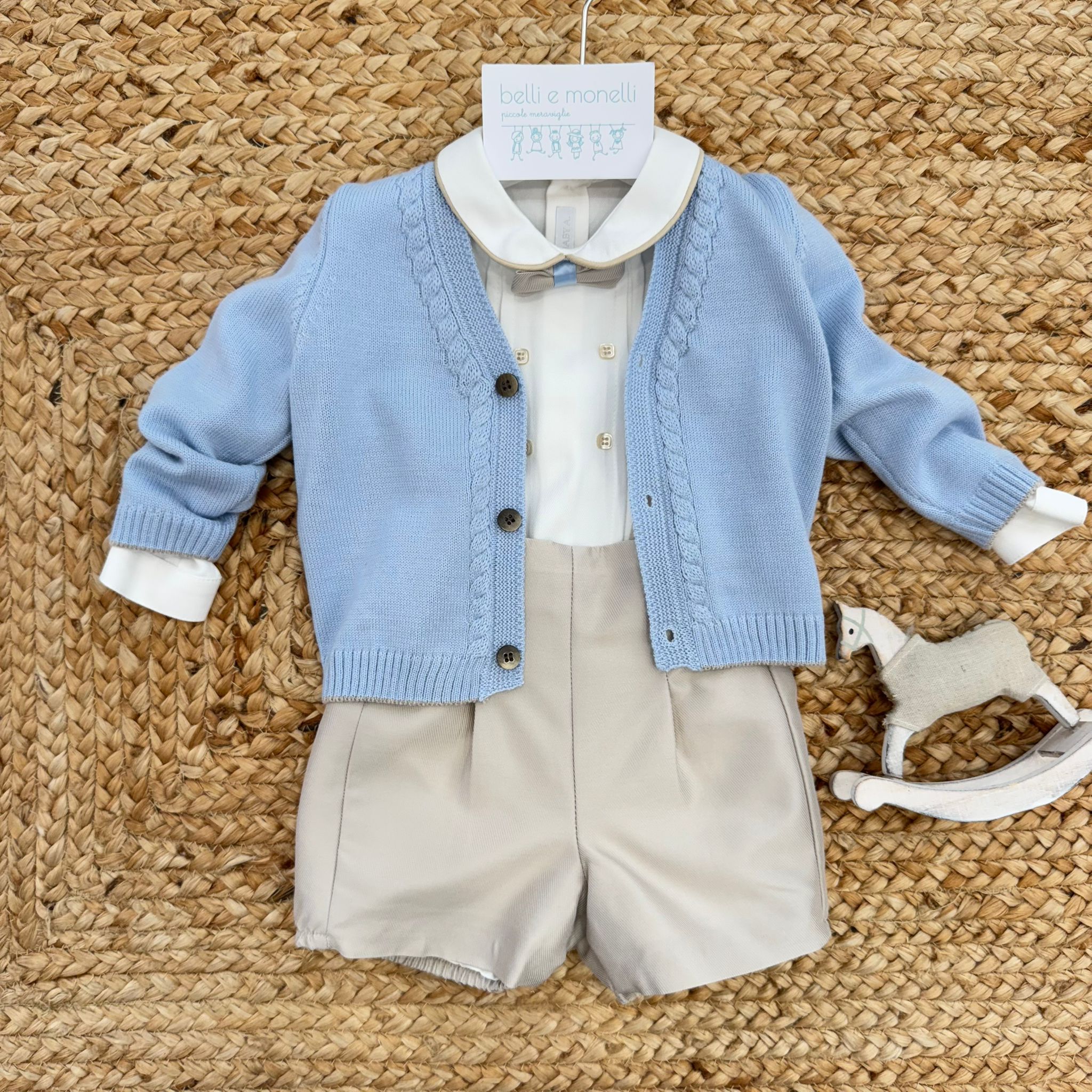 Completo battesimo neonato celeste e tortora con papillon