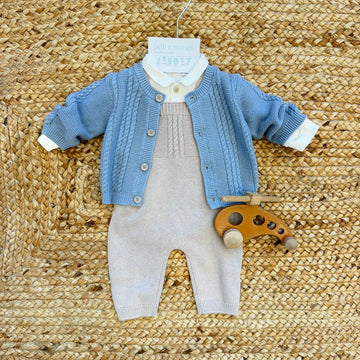 Tutina tre pezzi neonato in cotone e lana azzurro e beige