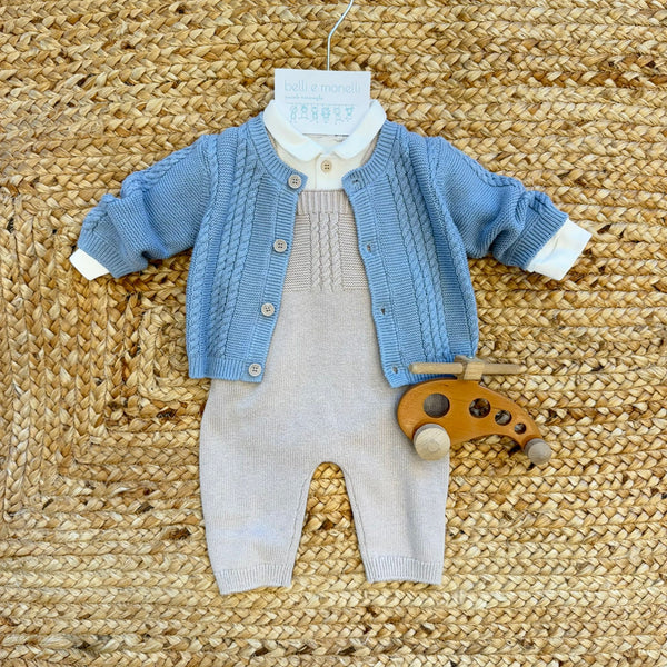 Tutina tre pezzi neonato in cotone e lana azzurro e beige