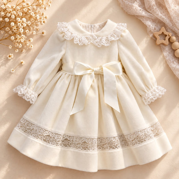 Abito elegante bimba panna con pizzo e fiocco in raso