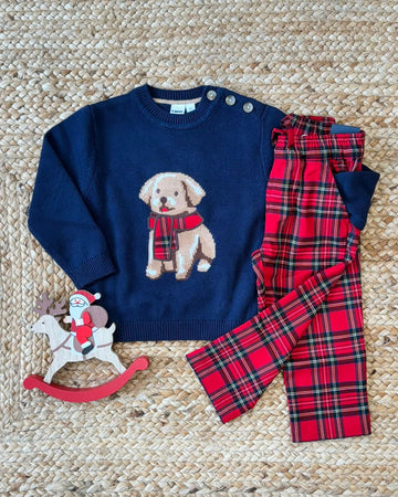 Completo Bambino con Maglioncino Cagnolino e Pantaloni Tartan Rossi