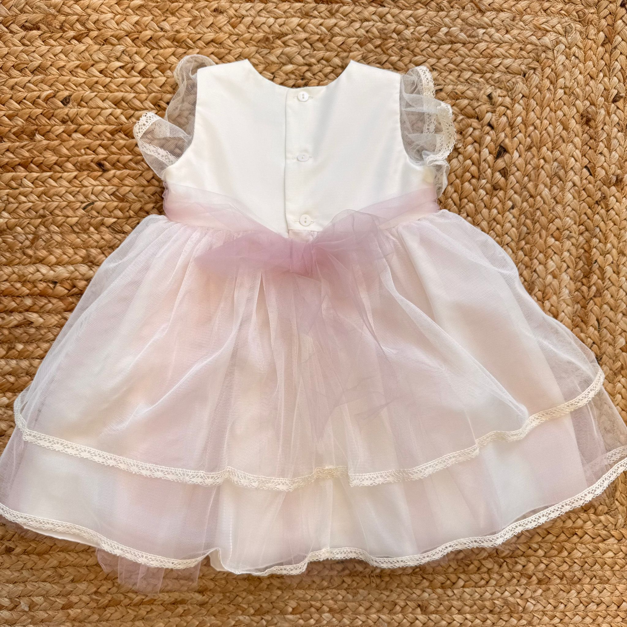 ABITO BATTESIMO BIMBA CON TULLE ROSA E FIORI 3D