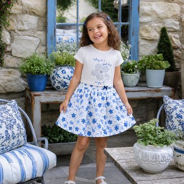 Completo bimba con t-shirt stampa floreale e gonna fantasia
