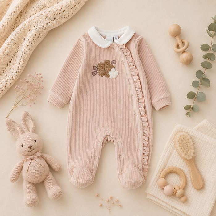 Tutina neonata in ciniglia rosa con fiori e volant