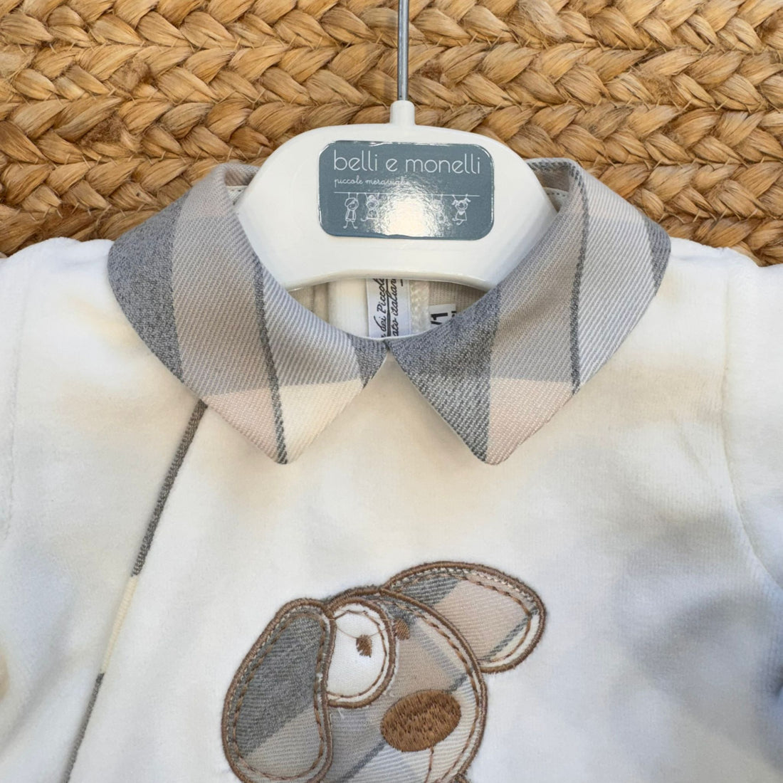 tutina neonato ciniglia panna e grigio con cagnolino