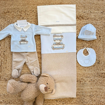 Uscita clinica neonato ciniglia celeste e beige con orsetto