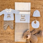 Uscita clinica neonato ciniglia celeste e beige con orsetto