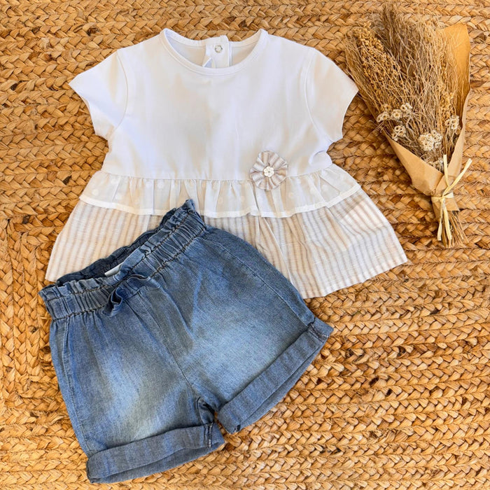 COMPLETO ESTIVO NEONATA BLUSA CON FIORE E SHORTS IN DENIM