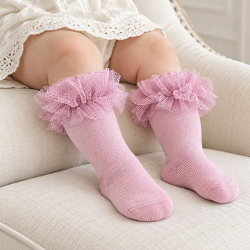 Calzettoni neonata rosa antico con volant in tulle