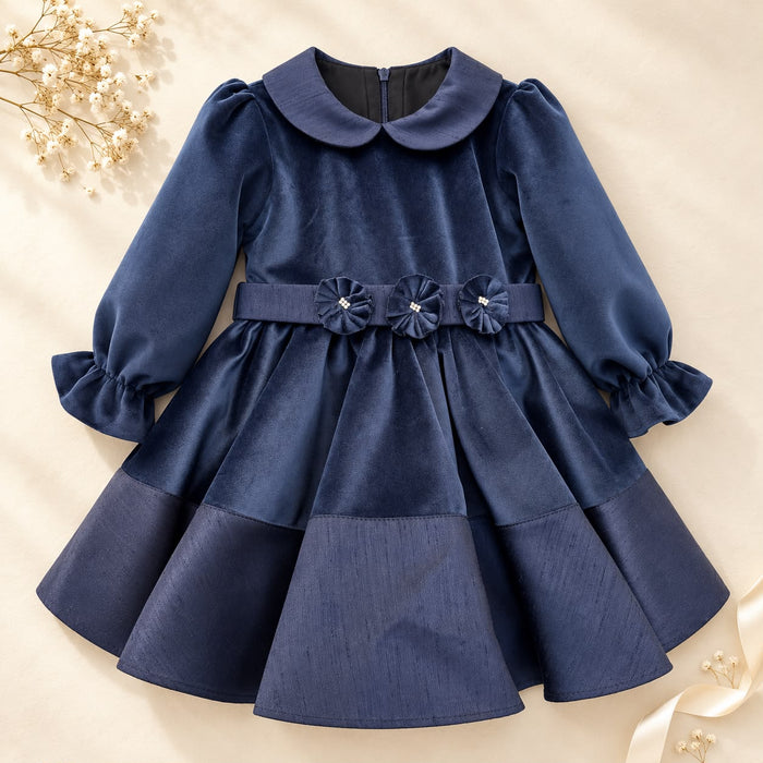 Abito bimba blu in velluto con fiori