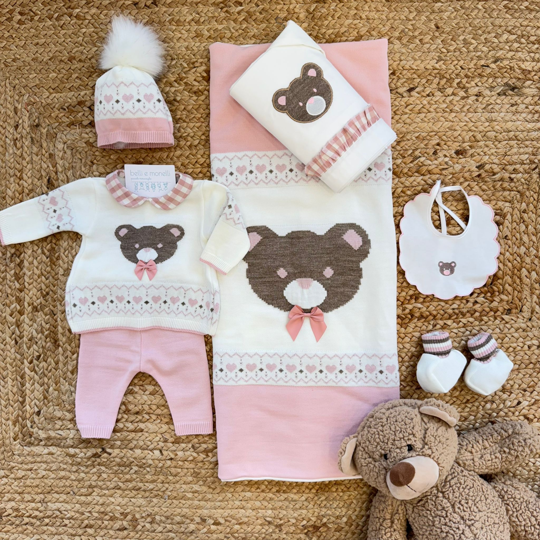 Set nascita neonata rosa e panna con orsetto