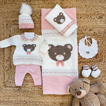 Set nascita neonata rosa e panna con orsetto
