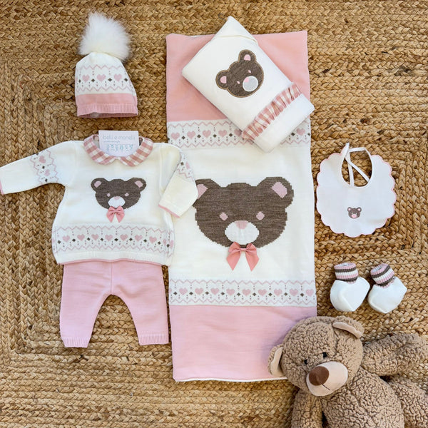 Set nascita neonata rosa e panna con orsetto