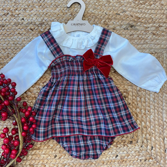 Abito  natalizio neonata scozzese con fiocco in velluto rosso