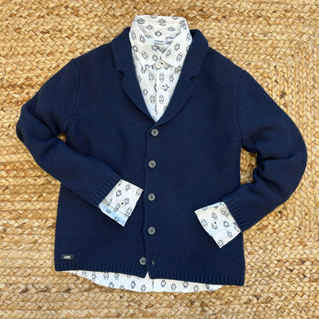 Cardigan bimbo blu con camicia a fantasia orologi