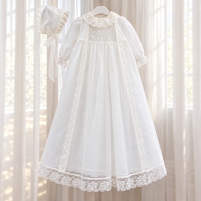Abito battesimo bimba lungo con punto smock e pizzo