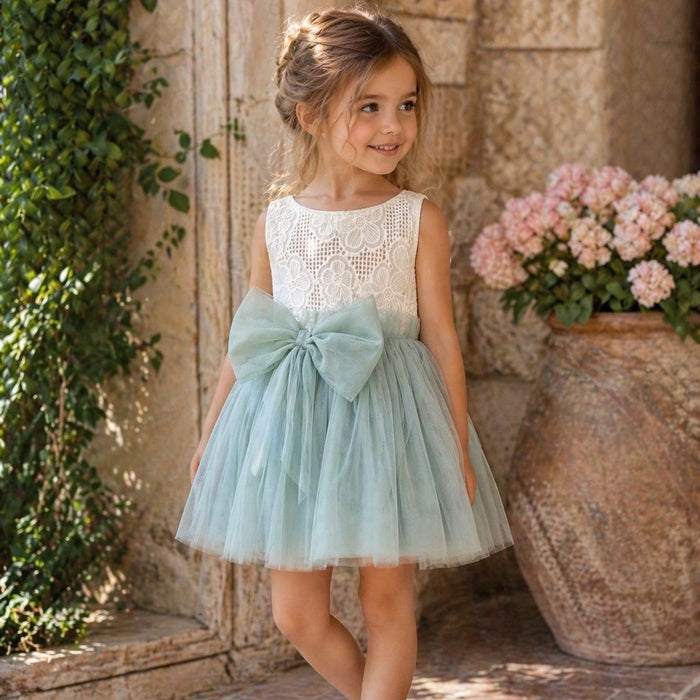 Abito elegante bimba in tulle verde con fiocco
