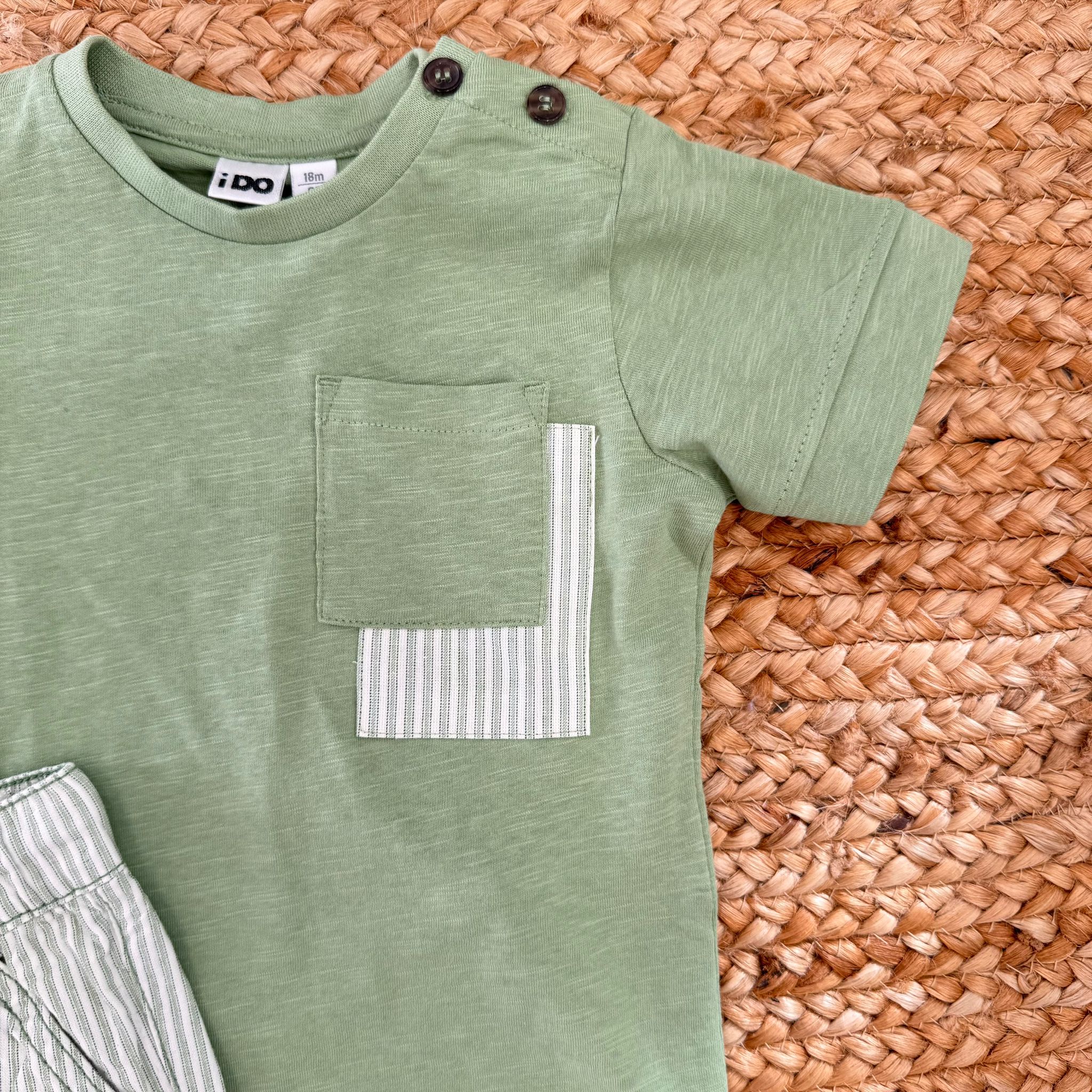 COMPLETO ESTIVO BAMBINO VERDE SALVIA RIGHE E TASCHE