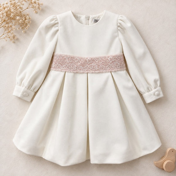 Abito elegante bimba in velluto panna con pizzo rosa cipria
