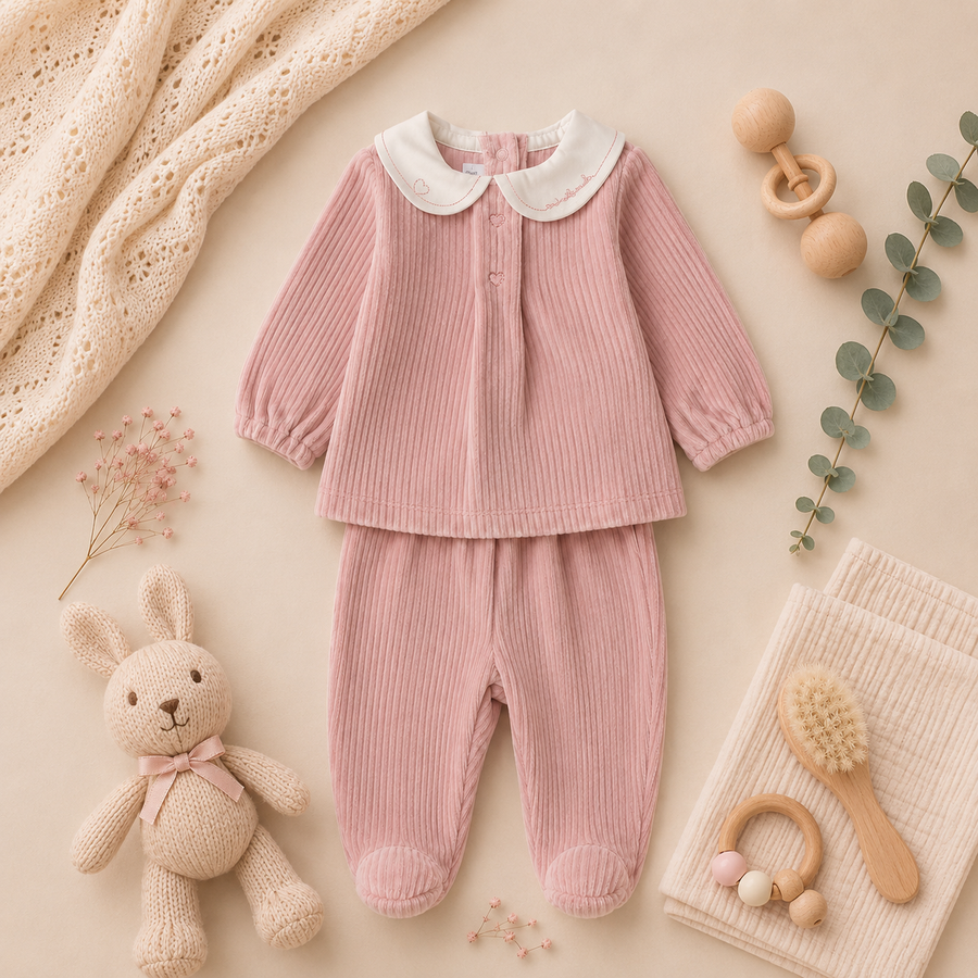 Completo nascita neonata in ciniglia rosa con colletto ricamato