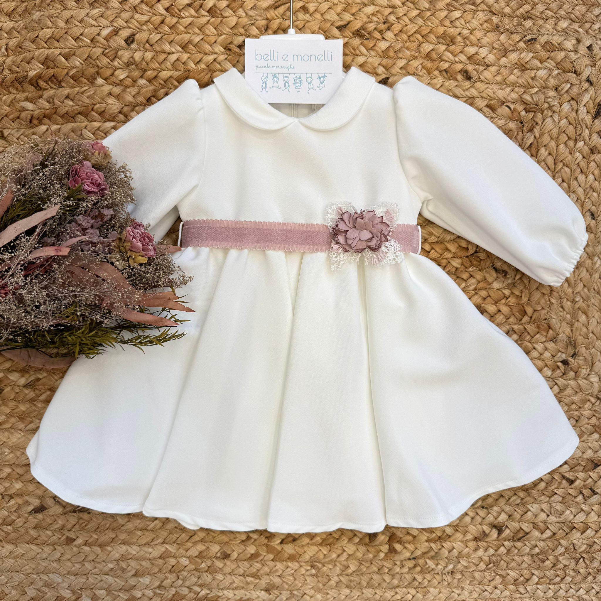 Abito battesimo bimba con cintura rosa e fascia coordinata