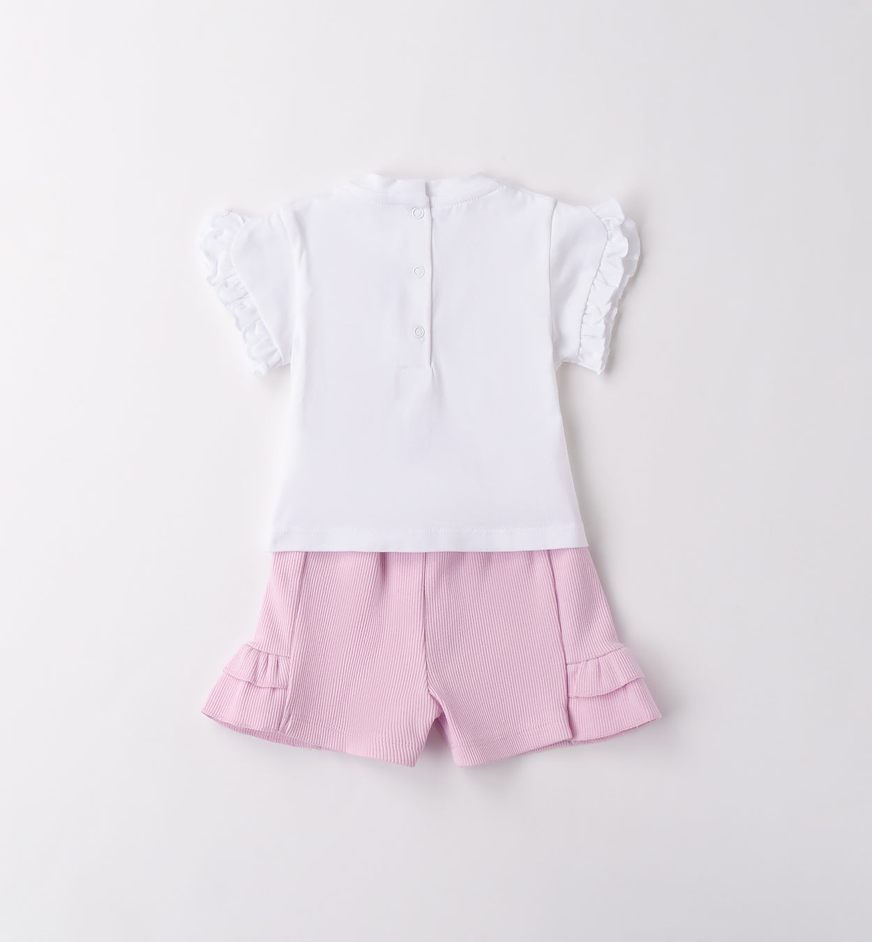 COMPLETO BAMBINA COTONE – T-SHIRT CON FIORI 3D E SHORTS ROSA