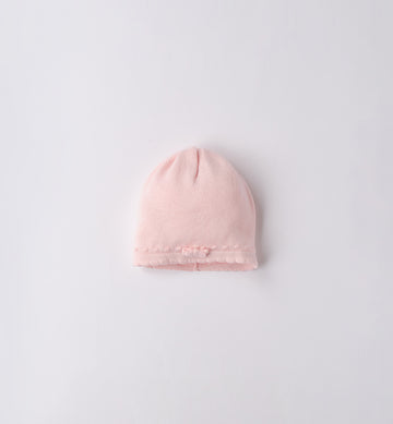 Cappellino neonata in lana-cotone rosa con fiocco