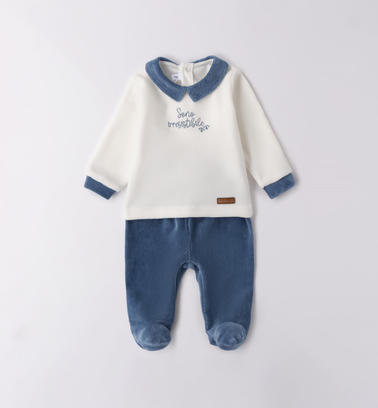 Tutina ciniglia neonato panna e blu con ricamo