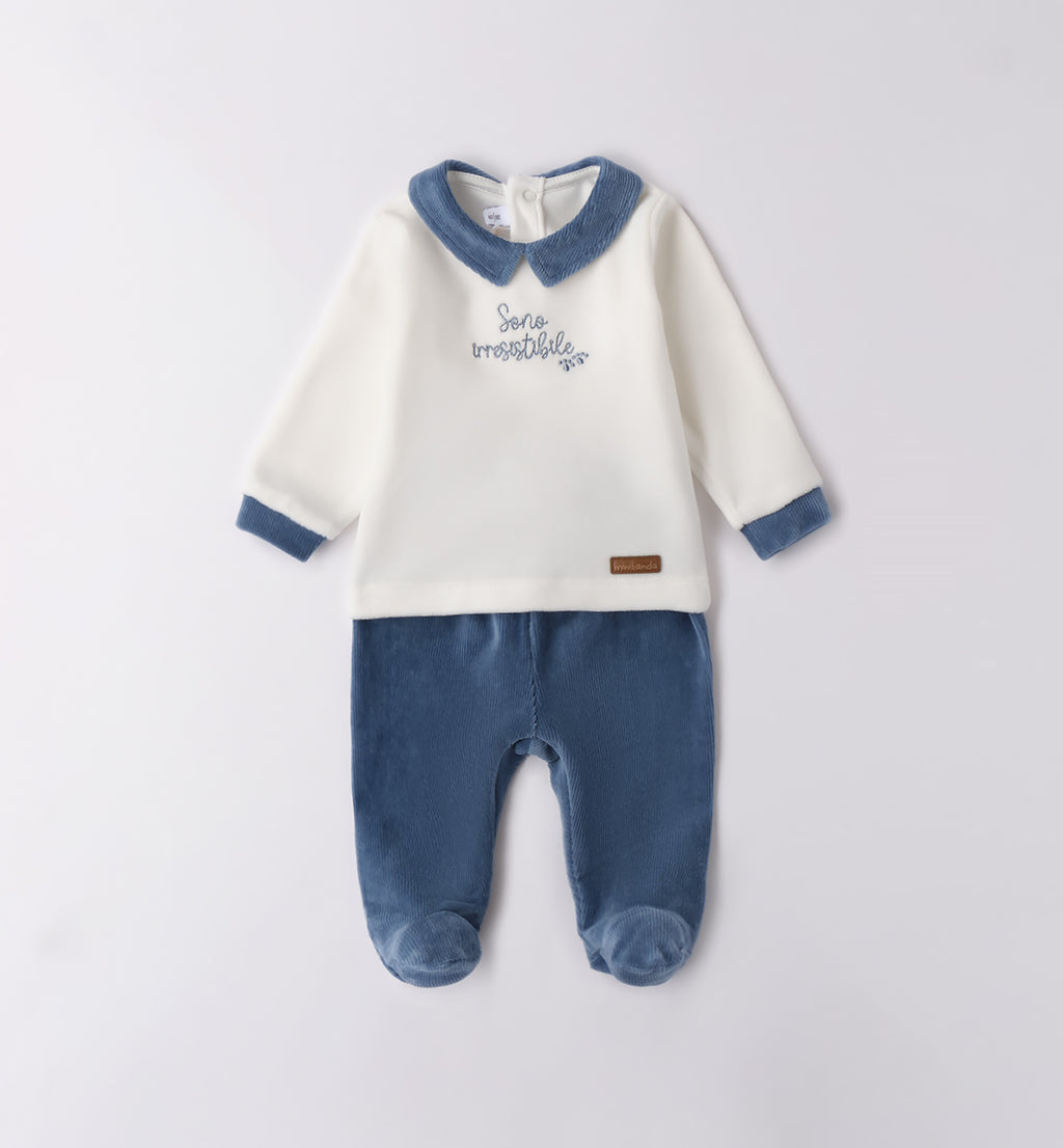 Tutina ciniglia neonato panna e blu con ricamo