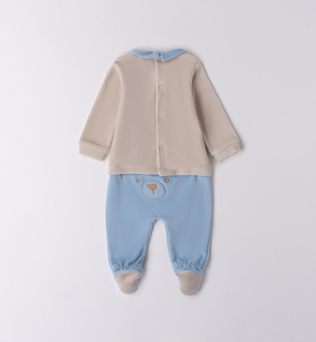 Tutina neonato in ciniglia beige e azzurro con orsetto