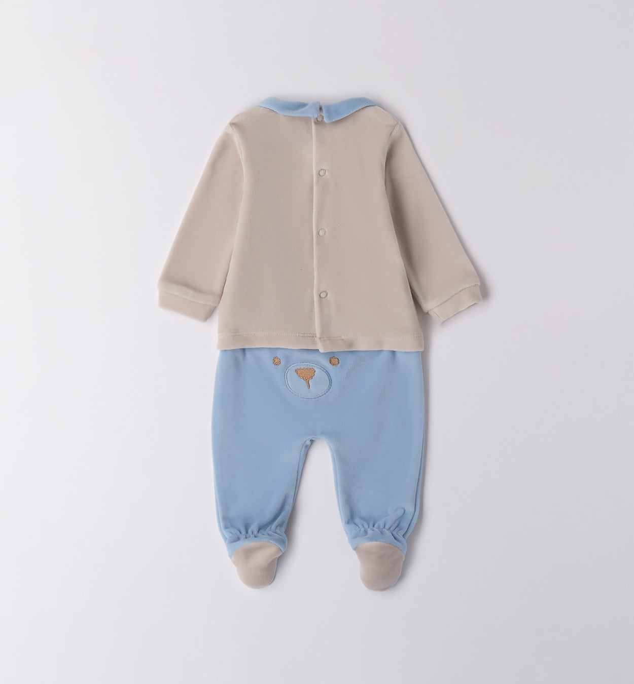 Tutina neonato in ciniglia beige e azzurro con orsetto