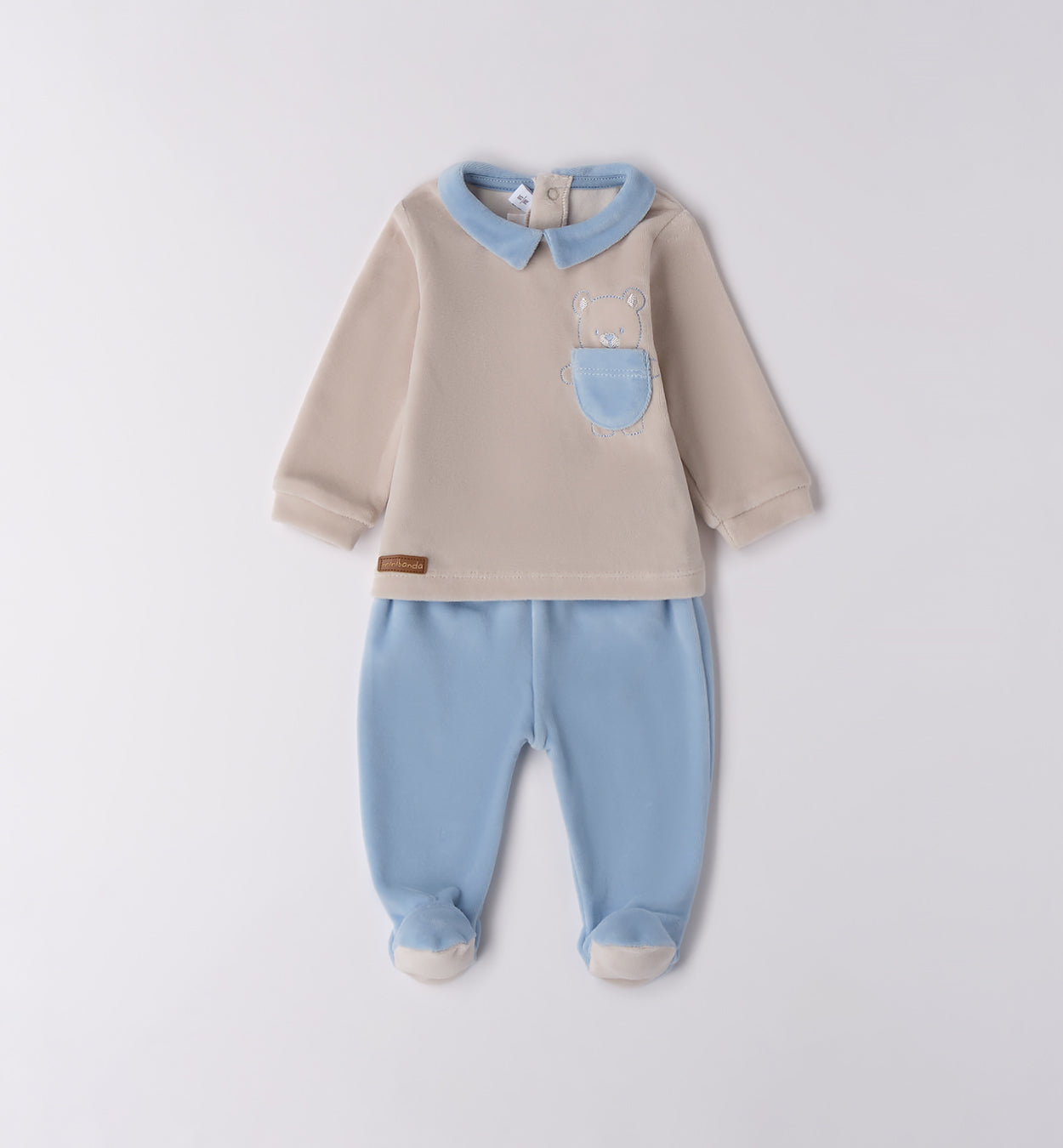 Tutina neonato in ciniglia beige e azzurro con orsetto