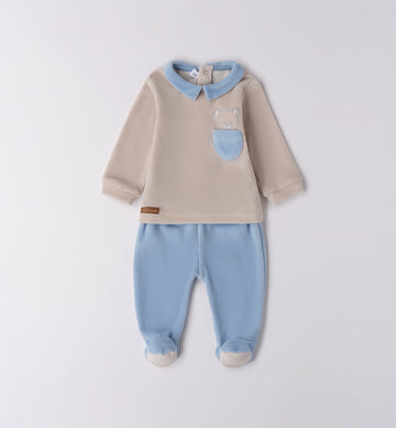 Tutina neonato in ciniglia beige e azzurro con orsetto