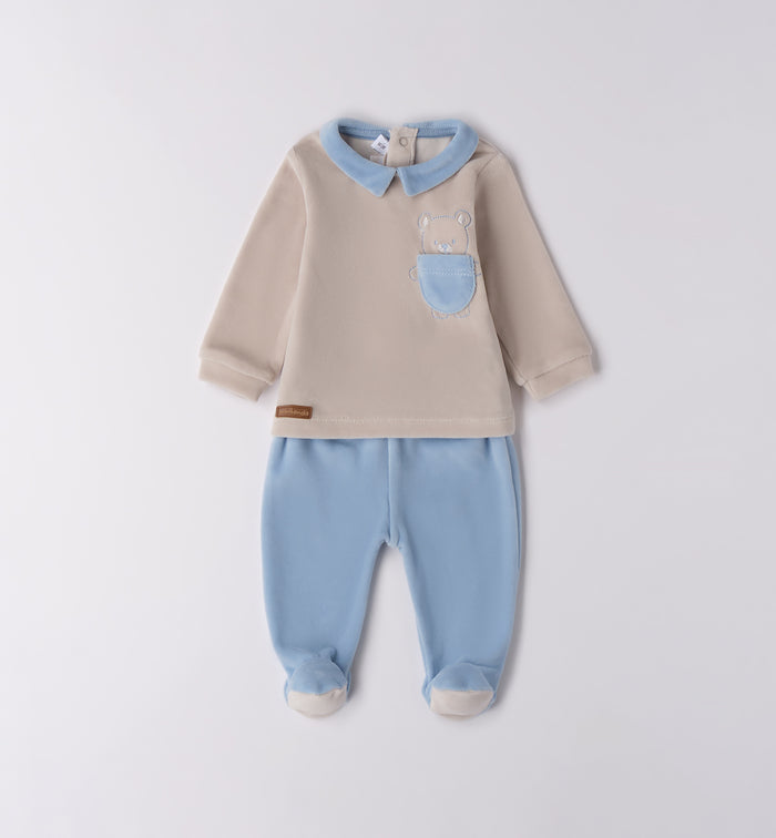 Tutina neonato in ciniglia beige e azzurro con orsetto
