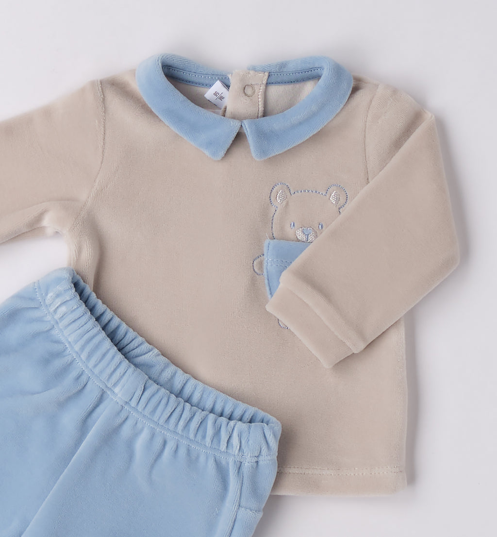 Tutina neonato in ciniglia beige e azzurro con orsetto
