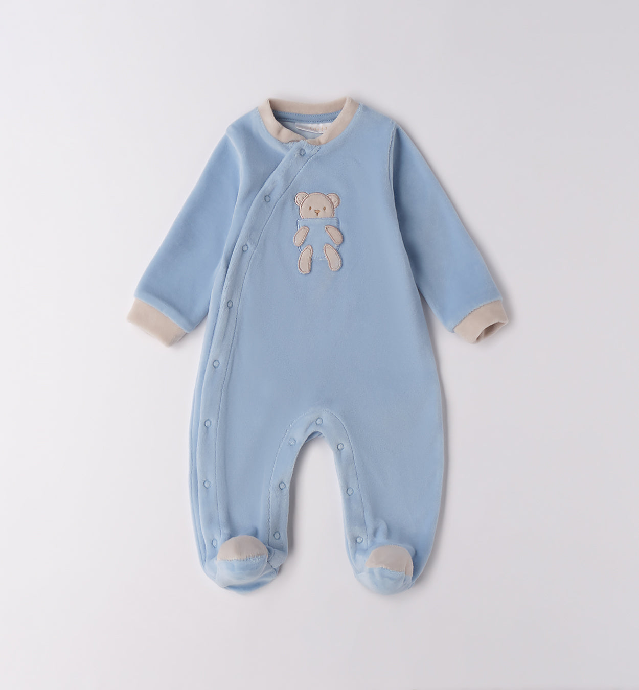 Tutina neonato ciniglia celeste con orsetto applicato