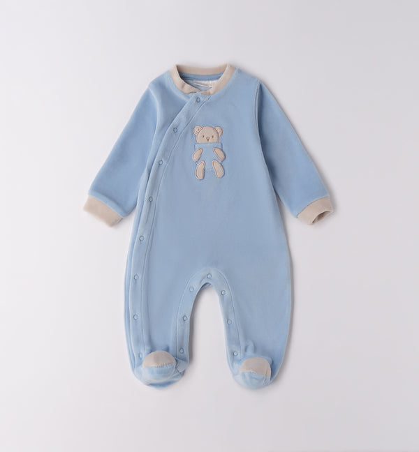 Tutina neonato ciniglia celeste con orsetto applicato